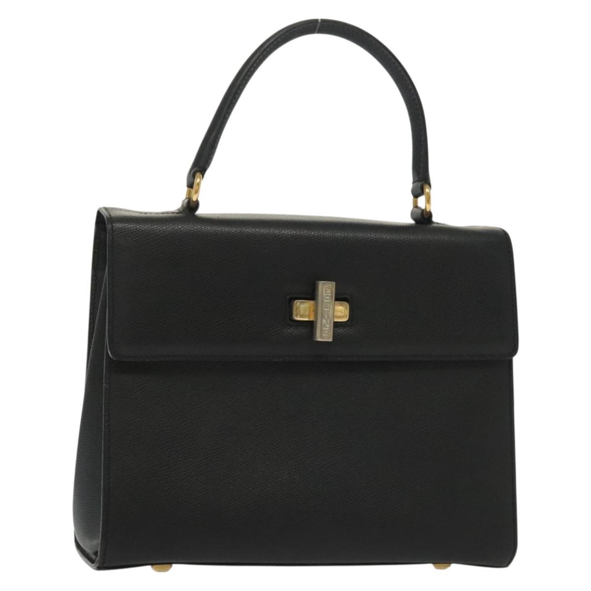 Celine Hand Bag Leather Black Gold Auth Ep10817